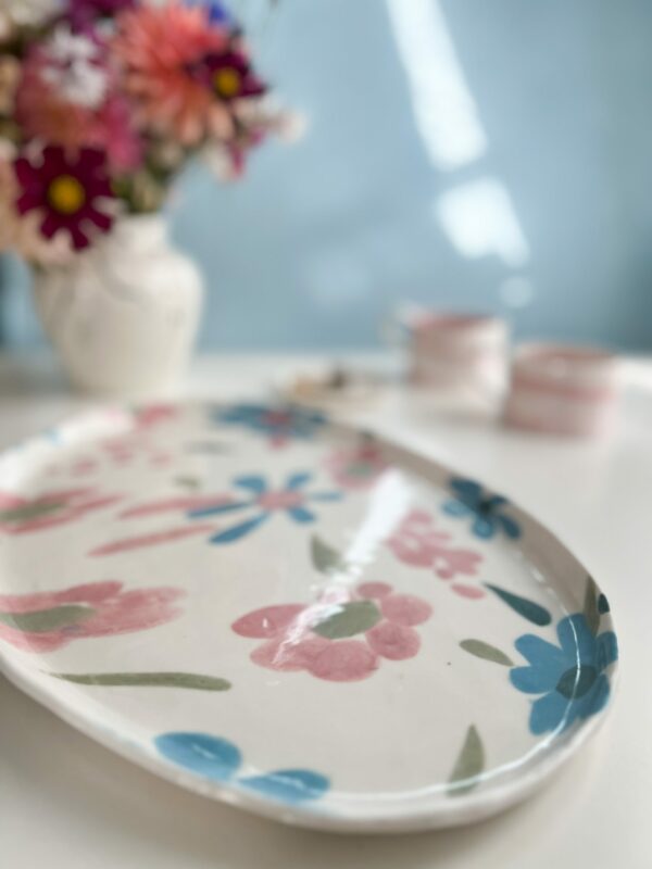 Stort ovalt serveringsfat Turkos & Rosa blommor - Bild 4