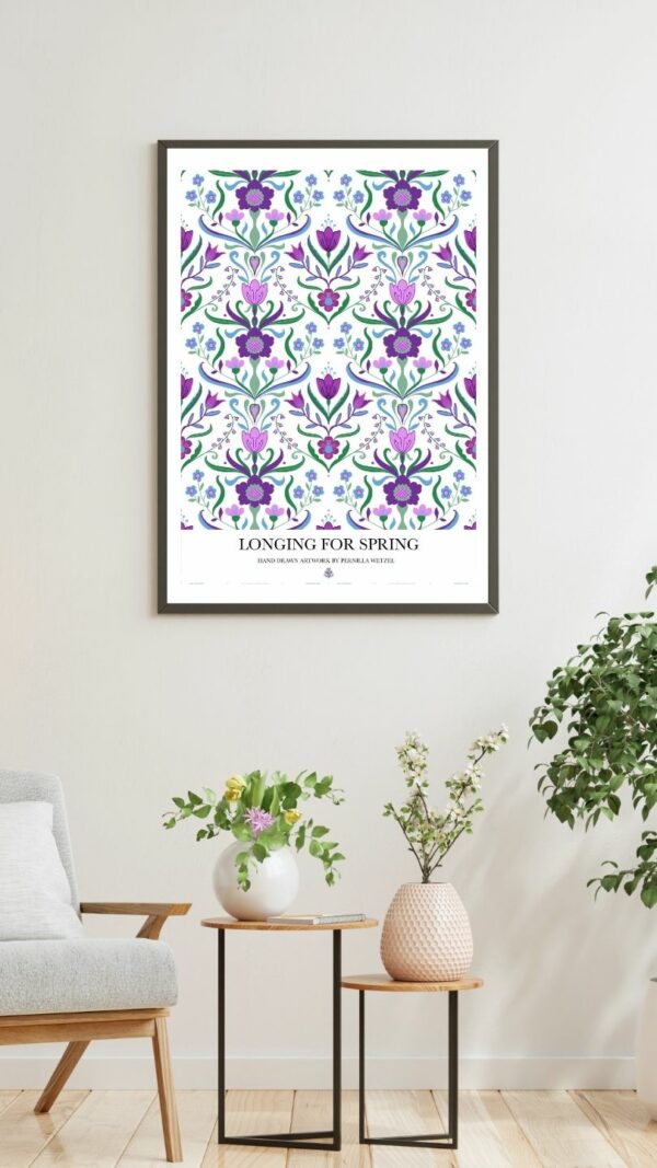 Vit somrig och vacker poster med et lila mönster med handmålade kurbits