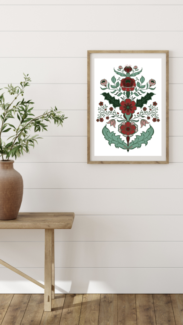Julig poster med en kurbits i grönröda toner